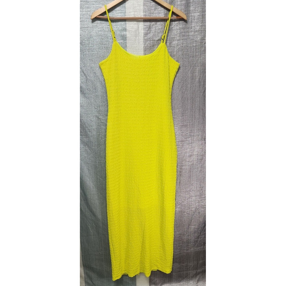 Derek Heart Neon Yellow Popcorn Crinkle Bodycon Midi Dress M Stretchy Back Slit